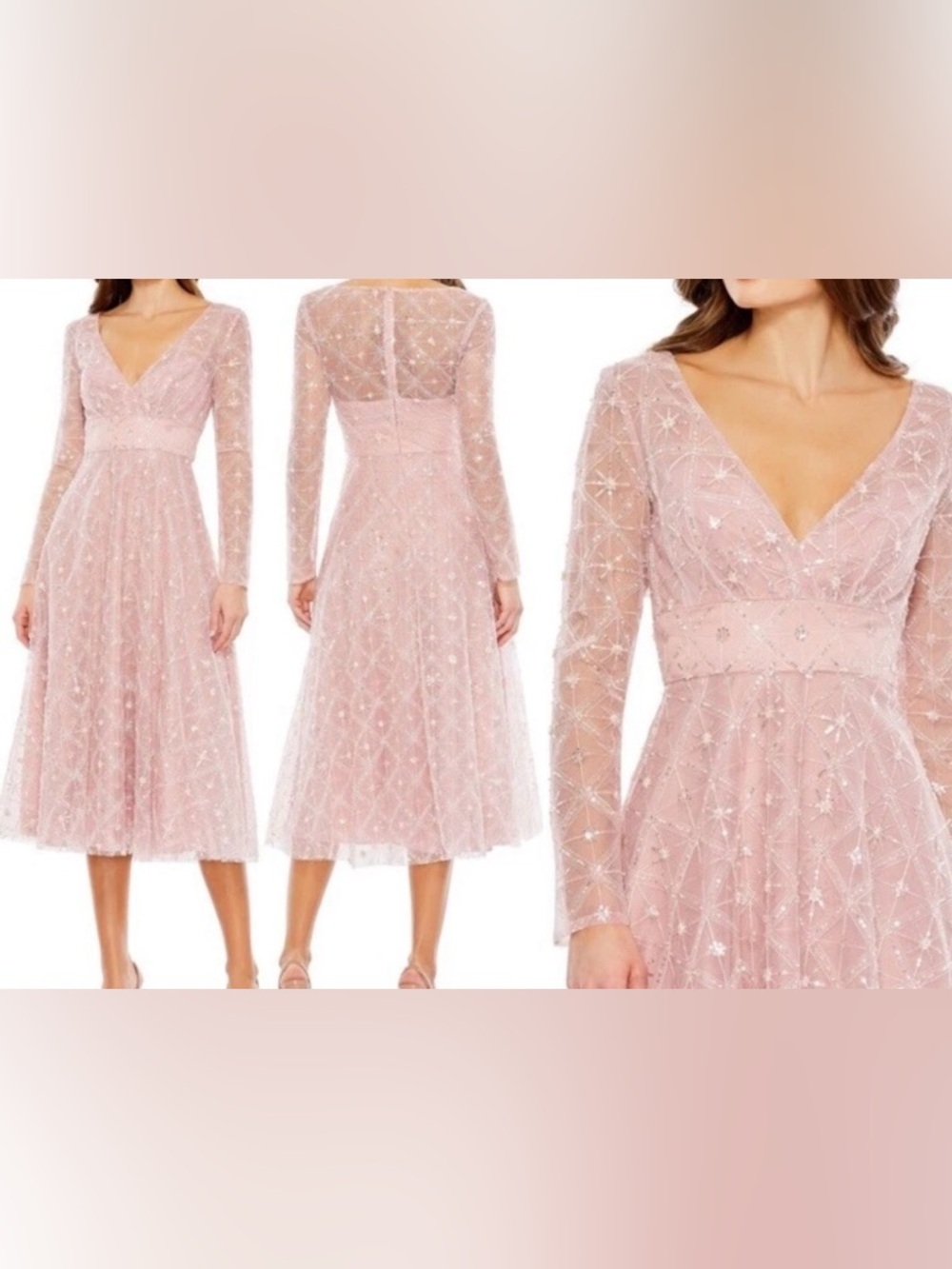 Mac Duggal Dusty Blush Embellished Mesh Midi Dress